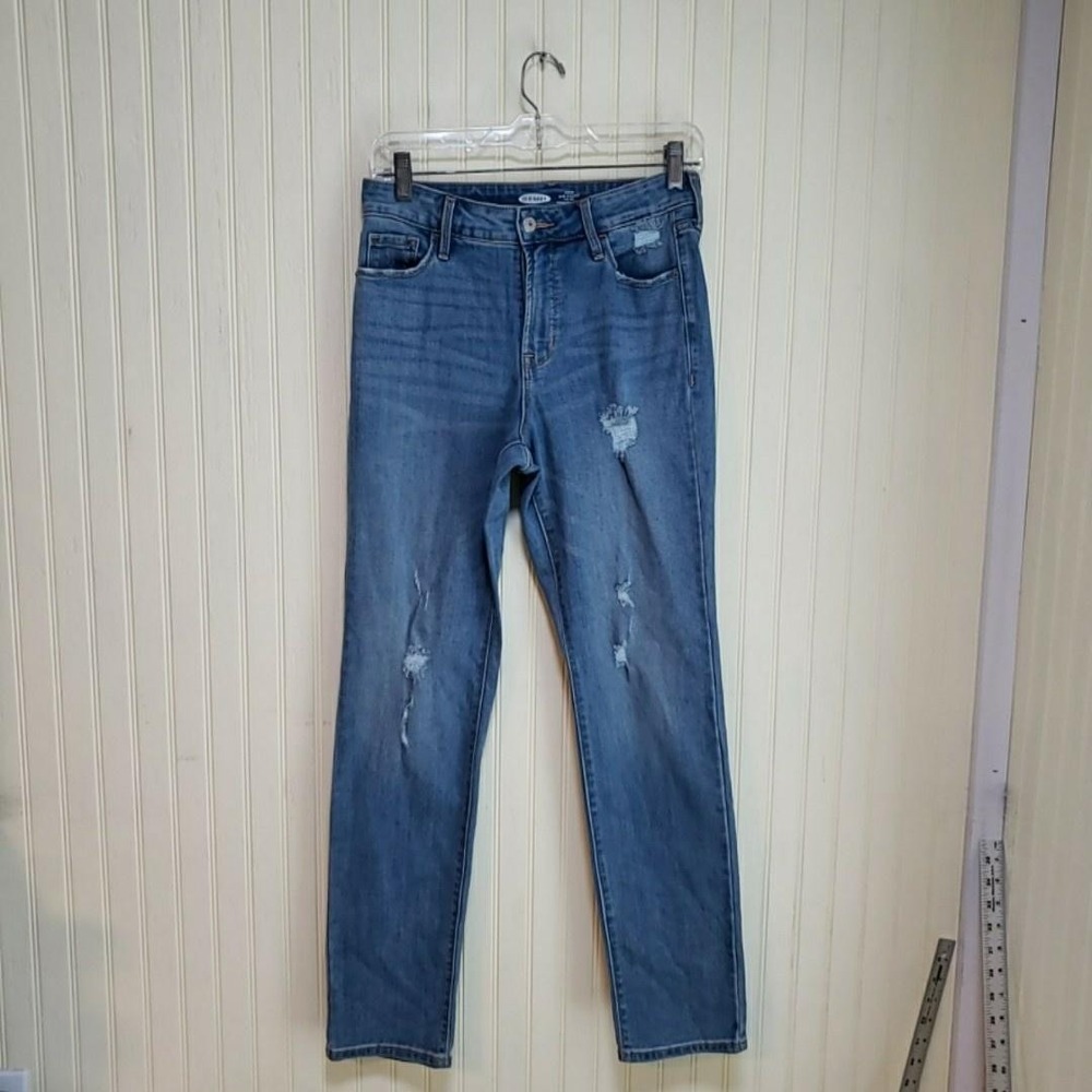Old Navy Power Slim Straight Jeans Womens 6 Blue High Rise Distressed Stretch